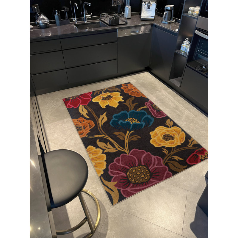 Tapis décoratif noir multicolore à motif floral et rose, Rectangle 3 pi 9,81 po x 4 pi 11,06 po
