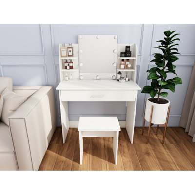 Table de coiffeuse avec un tiroir, miroir réglable, amplement de tablettes ouvertes, tabouret confortable, design moderne, blanc antique, panneau de particules +, table de miroir avec tiroir d'une hauteur de 50,26 po, rangement élégant assorti