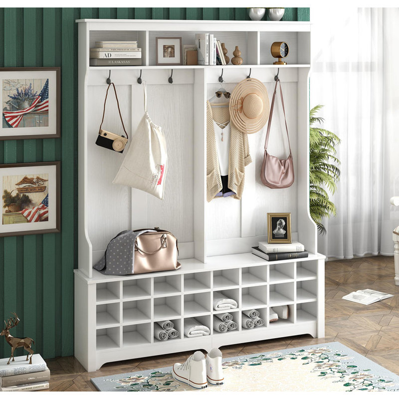 ON-TREND Modern Style Multiple Functions Hallway Coat Rack with Metal Black Hooks, Entryway Bench 60" Wide Hall Tree with Ample Storage Space and 24 Shoe Cubbies , White