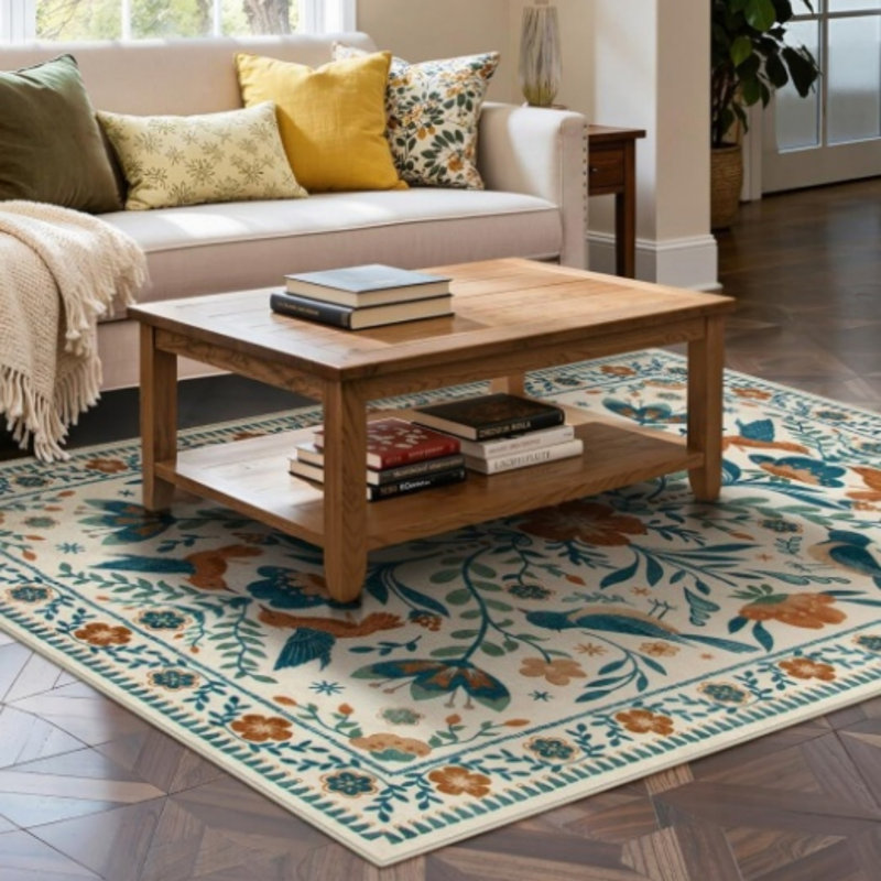 Bohemian Floral Bird 5' x 7' Rug for Nursery Bedroom, Blue Orange