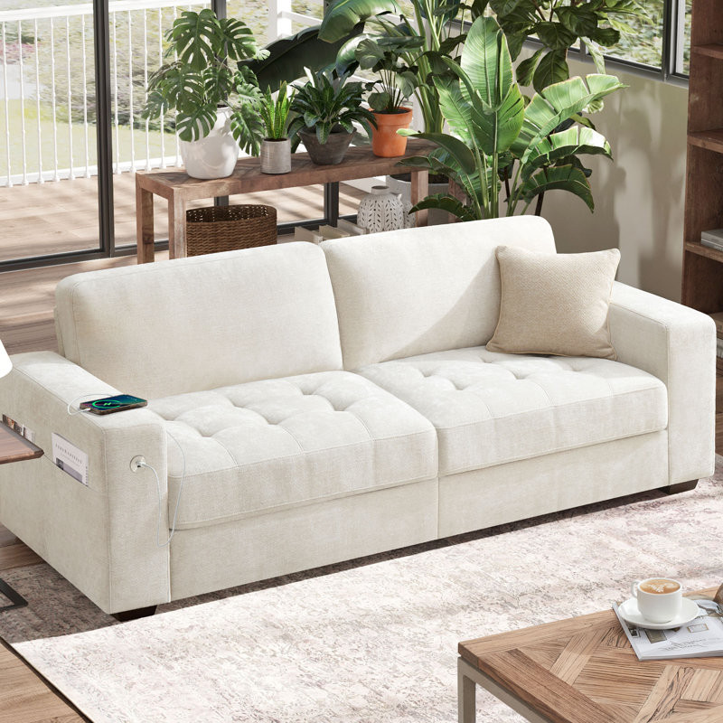 Yakina 89'' Upholstered Modern Chenille Sofa with Storage Pockets Couches and USB Charging Port, Beige