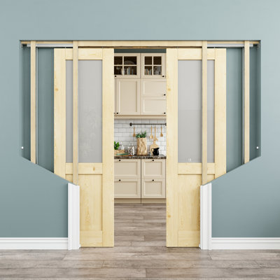 48" x 80" Half-Lite Pine Wood & Frosted Glass Interior Double Pocket Door, Natural Pine Wood, Tempered Glass Door Slab with Privacy, Paintable & Waterproof, As Laundry Doors, Closet Doors, Room Doors