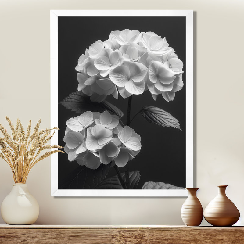 Décoration botanique monochrome hortensia I - hydrangées murales, H 12 po x l 20 po, Cadre simple blanc
