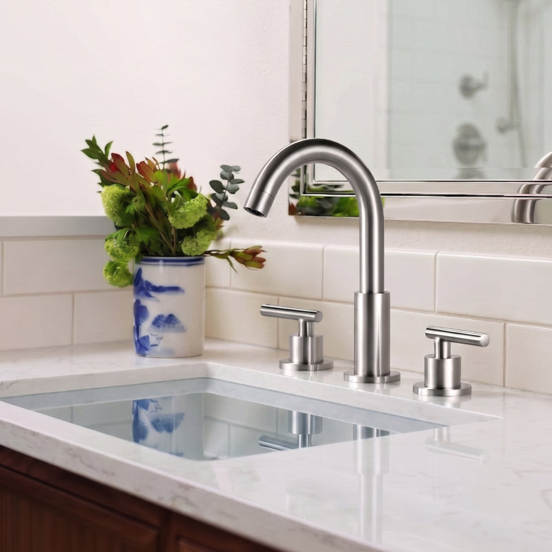 Solid Brass Two Handle Widespread Bathroom Sink Faucet With Drain Assembly, Brushed Nickel