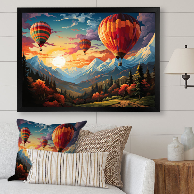 " Colourful Hot Air Ballon Colourful ", 12" H x 20" W x 1" D, Black Picture Framed