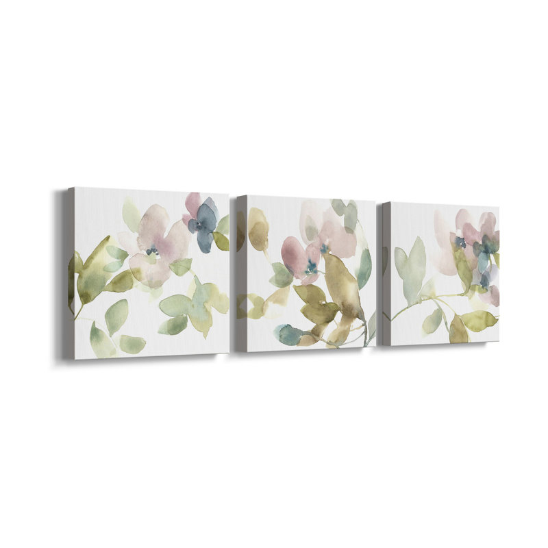 Sweet Petals and Leaves III - Ensemble de 3 peintures sur toile tendue, H 16 po x l 48 po x P 1 po