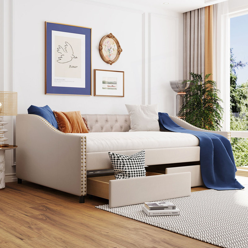 Upholstered Daybed With Two Drawers, Day Bed, Beige