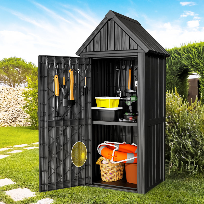Outdoor Resin Storage Cabinet with Hooks and Lock Ring, Dark Gray