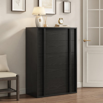 Nightstand with 5 Drawers for Bedroom, Modern Bedside Table with Vertical Handle, Wooden Storage Cabinet Side Table for Living Room Entryway Dorm,blac