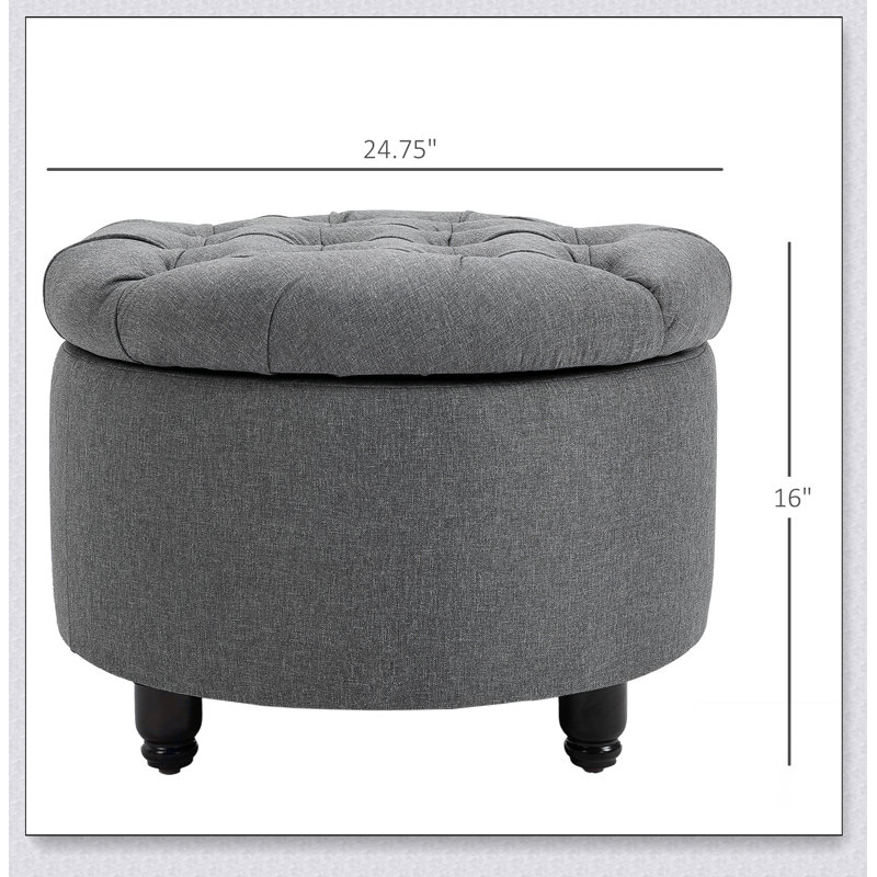 Round Linen-touch Fabric Storage Footstool Ottoman Button Tufted Footrest with Removable Lid, Grey
