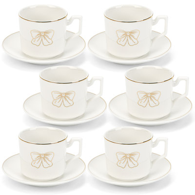 3.5oz Embossed Bow Ceramic Teacup with Gold Rim and Saucer(White)