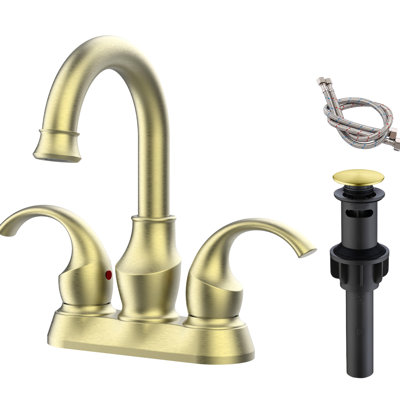 Robinet de salle de bain 4 pouces en or brossé, avec bec pivotant à 360 degrés et bonde escamotable pour salles de bain de VR, 2 poignées dorées, pivotant, luxe, salles de bain hautes.