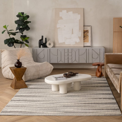 Tapis d'extérieur à motif abstrait Hogar 7 pi x 10 pi (taille exacte: 6 pi 7 po x 9 pi 6 po), gris crème, moderne - salon, chambre à coucher, salle à manger et cuisine