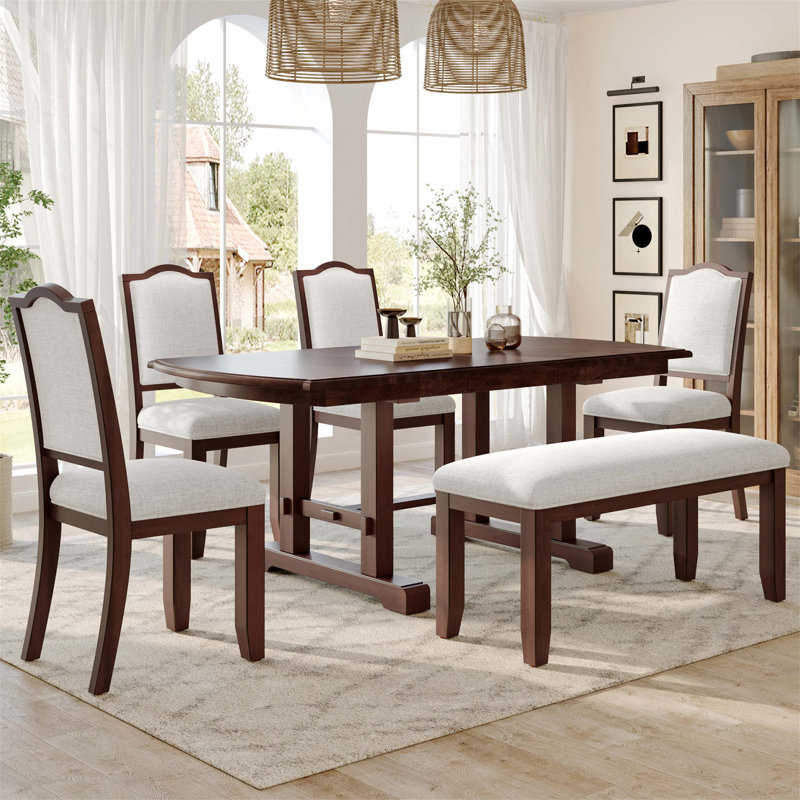 Exquisite 6-Piece Dining Table Set with Extendable Function, Upholstered Chairs and Bench for Family Gatherings and Diverse Dining Occasions