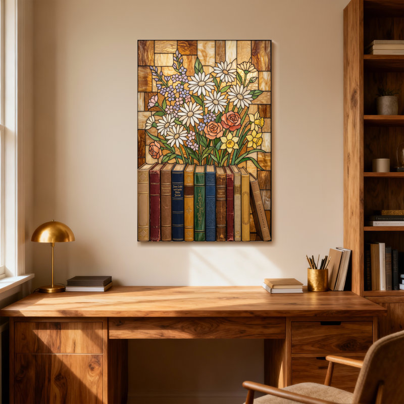 Arrangement floral de plantes et fleurs sur une étagère, H 24 po x l 16 po