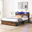 Base de lit plateforme pleine grandeur en métal avec tête de lit en bois et pied de lit USB, station de charge, 2 tiroirs, rangement, lumières DEL, aucun sommier requis, assemblage facile-1399815540
