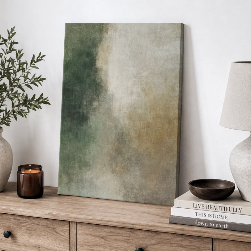 Deep Forest Green and Soft Neutral Fade for Modern Minimal Decor – Pictures Framed Canvas Print Wall Art, Wrapped Canvas