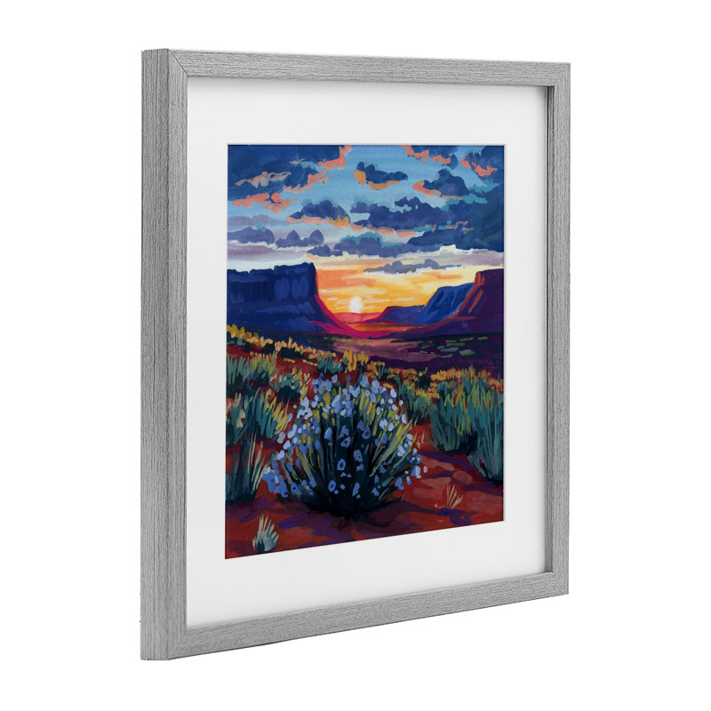 «Desert Sunset on Blooming Bush», reproduction encadrée sous verre, design par Kate Jarvik Birch, H 13 po x l 13 po