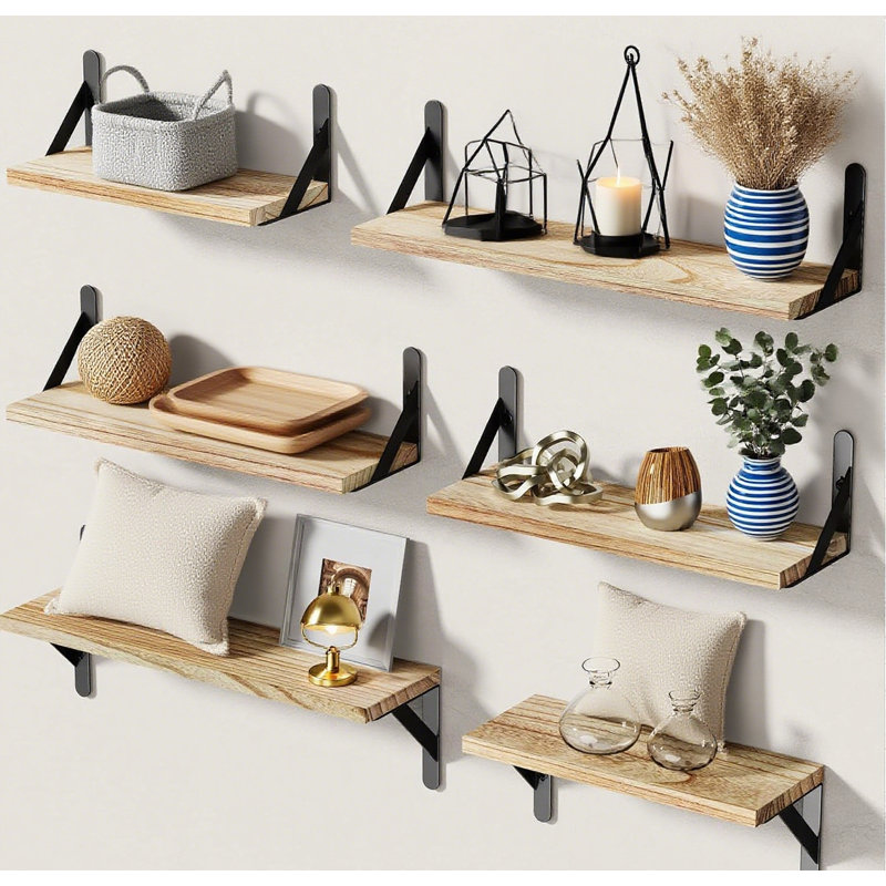 Set Of 6 Wood Floating Shelves For Wall Decor, Rustic Farmhouse Style Storage For Living Room, Bedroom, Bathroom, And Books