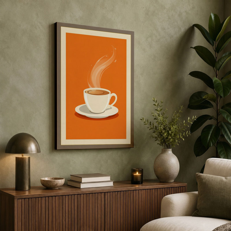 Steaming Coffee Cup Retro - Wrapped Canvas, 36x24 - 91.4 x 61.0 cm, Terracotta Border