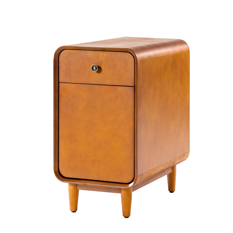 Elmaz MCM Solid Wood 1-Drawer And Legs End Table With Backside Magazine Rack, Acorn