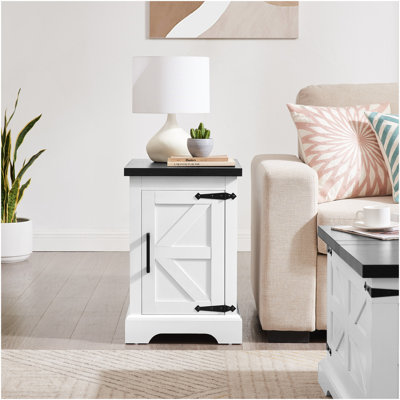 Farmhouse End Table Nightstand Rectangular Farmhouse End Table With Barn Door And Adjustable Storage Shelf, Rustic Sofa Side Table For Living Room, Bedroom, White