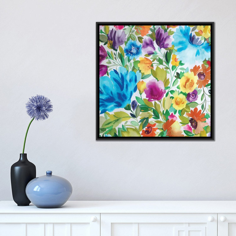 «Zinnias», reproduction sur toile, H 18 po x l 18 po x P 1,5 po, Toile encadrée noire, Pas de tapis