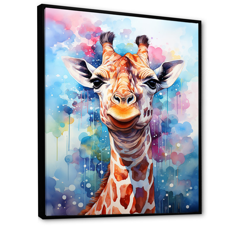 Portrait de girafe Pop Art - Reproduction d'art mural girafe, Cadre flottant noir, H 32 po x l 16 po x P 1 po