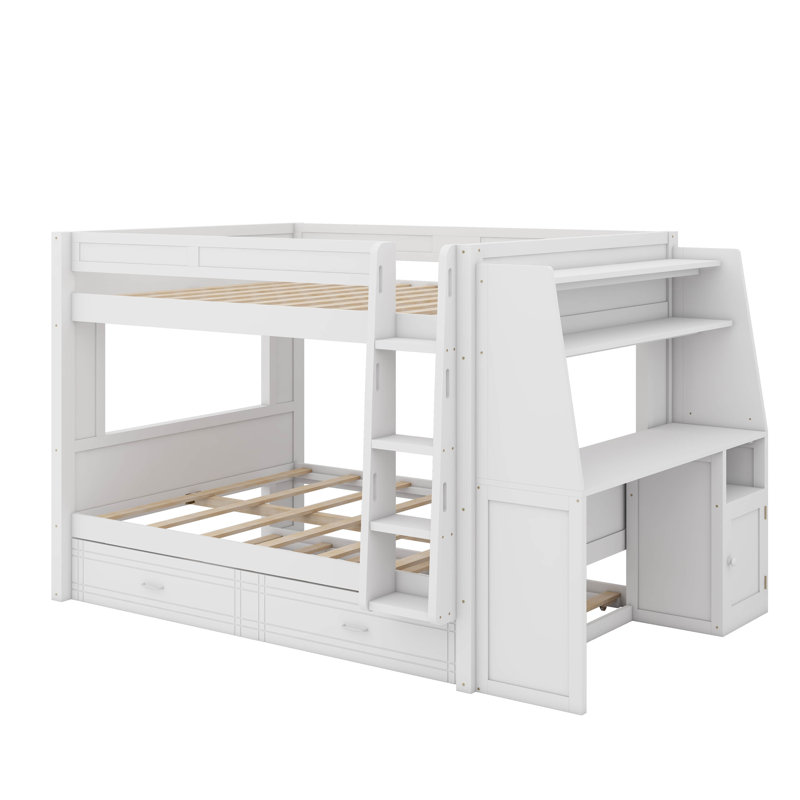 Lit superposé double pleine grandeur avec bureau et bibliothèque, lit gigogne, Blanc