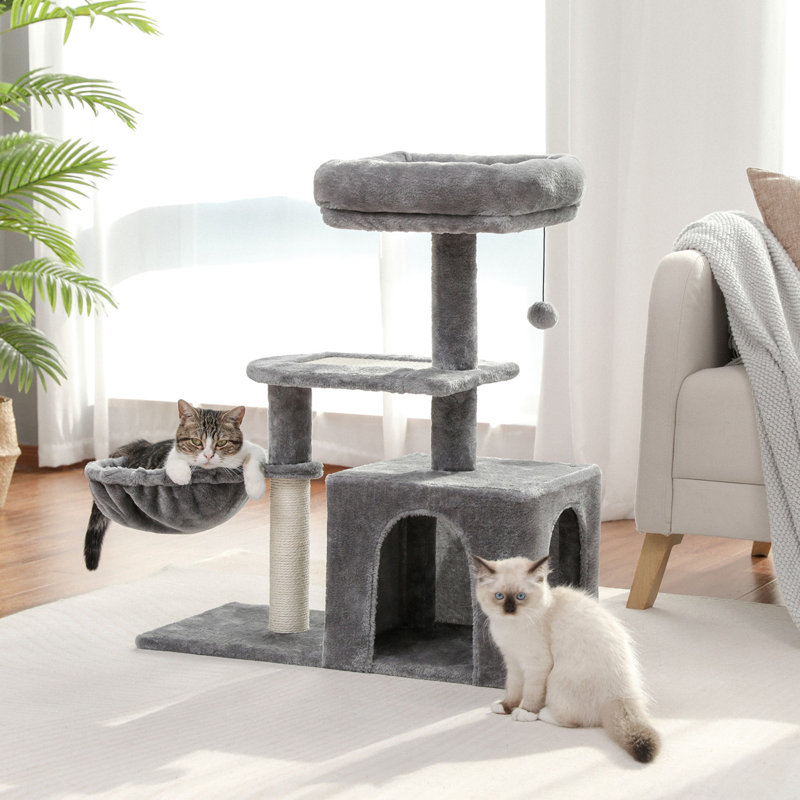 Arbre à chat pour petits chats d'intérieur, tour pour chat en peluche avec grand condo pour chat, hamac profond et poteau à griffer pour chat en sisal gris