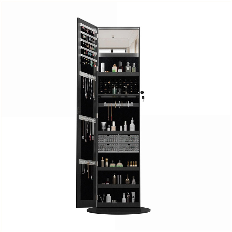 Armoire à bijoux FlowLuxe pivotant sur 360 ° avec miroir pleine longueur et armoire verrouillable rotative pour bijoux, Noir
