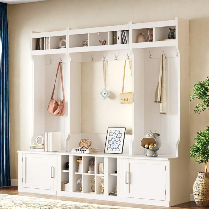 4-in-1 Multi-functional Hall Tree With Coat Rack, Bench, Shoe Cubbies And Open Compartments, White