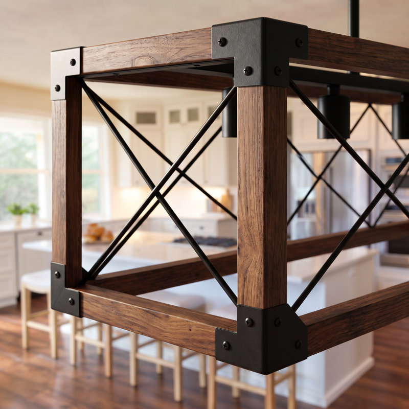 Luminaire suspendu 32 po en bois de noyer rouge rustique à 5 lumières pour îlot de cuisine 32 po, Naturel, Non
