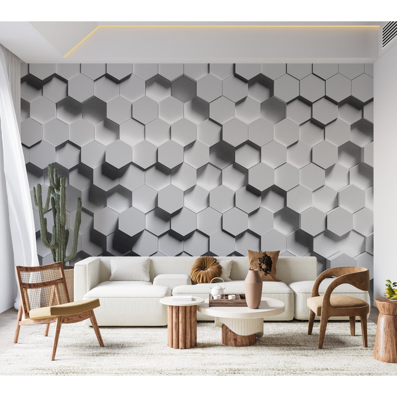 Papier peint géométrique - Motif hexagonal, L 137 po x L 96 po