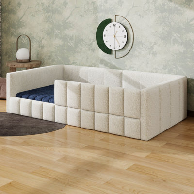 Floor Bed Frame, Woollen Upholstered Daybed with Soft Headboard for Bedroom Living Room Guest Room