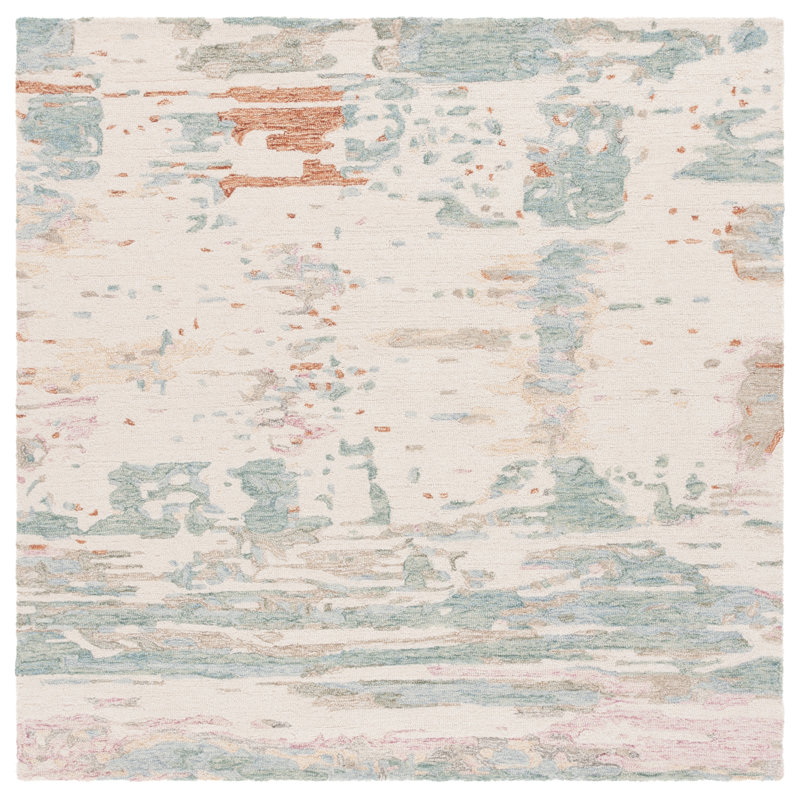 Jasten Hand Tufted Wool/Cotton Abstract Rug in Ivory/Green, Square 6'
