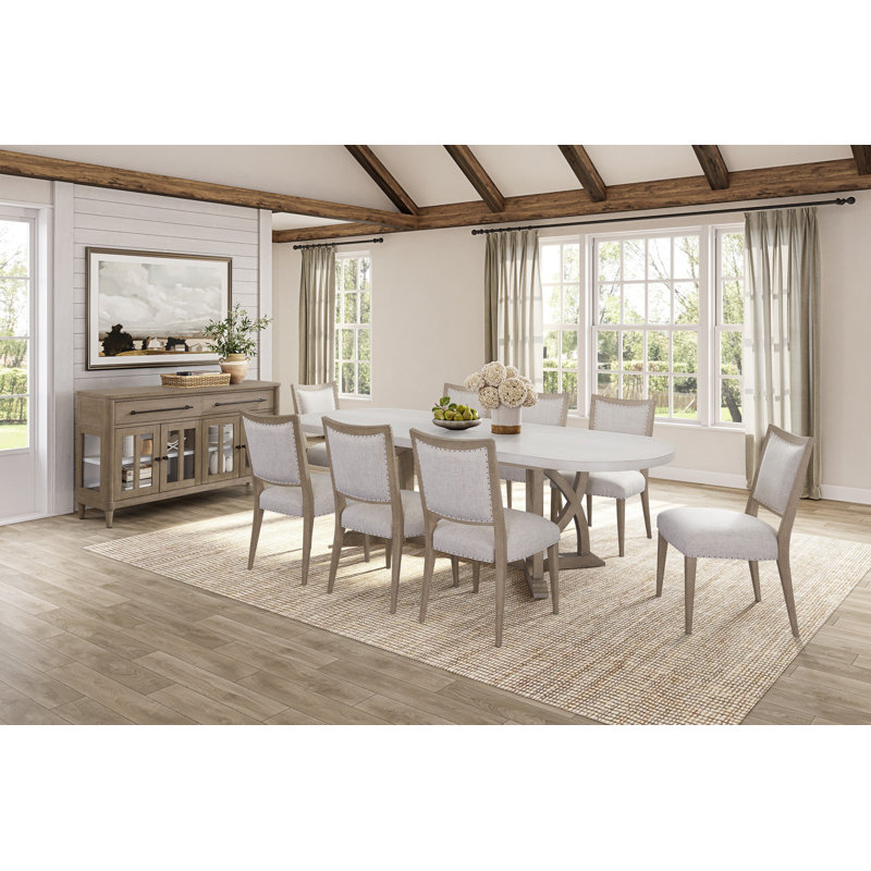 Dana Heights 10-Piece Dining Set with Server, Trestle Table, Leaf Extension, 8 Upholstered Nailhead Chairs, Power-Ready Storage Server, Cement & Sand Finish