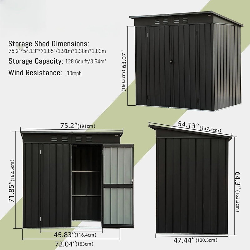 Remise de jardin en métal noir avec portes et serrure - ventilation imperméable de 6 pi x 4 pi