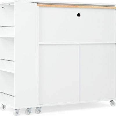 Rolling Kitchen Island With Led Lights, Ports, White, Compact Design Rectangular Wheels - Extended Tabletop, 2 Fluted Doors, Storage Compartment, White