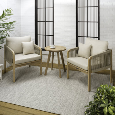 Aveiro 3-Piece Modern Bohemian Roped Round Acacia Wood Conversation Outdoor Patio Set with Cushions