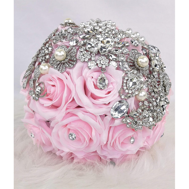 Artificial Silk Roses Wedding Bouquet with Ribbons and Rhinestone , Pink
