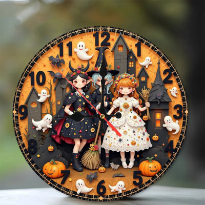Halloween witches clock with pumpkins