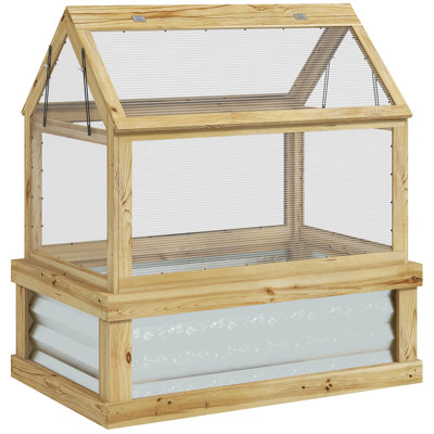 Raised Garden Bed With Polycarbonate Greenhouse, Wooden Cold Frame Greenhouse, Garden Flower Planter Protection, Peak Roof