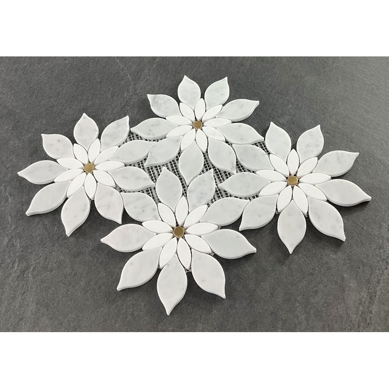 8.5" x 8.5" Flower Pattern Marble Mosaic Wall & Floor Tile, White/Gold
