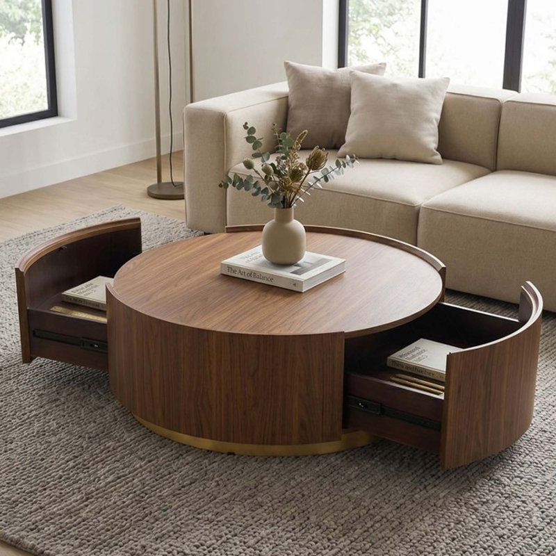 Table basse ronde moderne avec tiroirs de rangement cachés pour la chambre à coucher, aucun assemblage requis