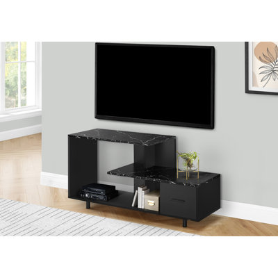 48 Inch Black Tv Stand With Marble Design For Home Entertainment Look Media Setup