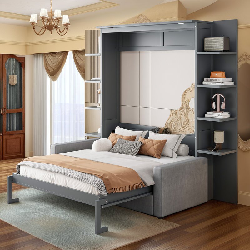 Grand lit escamotable avec canapé-lit pliable et rangement, lit escamotable, Gris