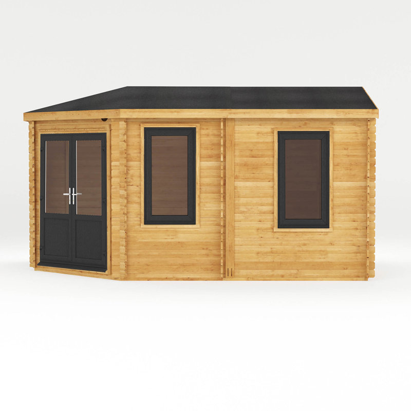 16ft x 10ft Corner Lodge Grande Log Cabin UPVC Windows & Doors (44mm), Grey/Natural Timber