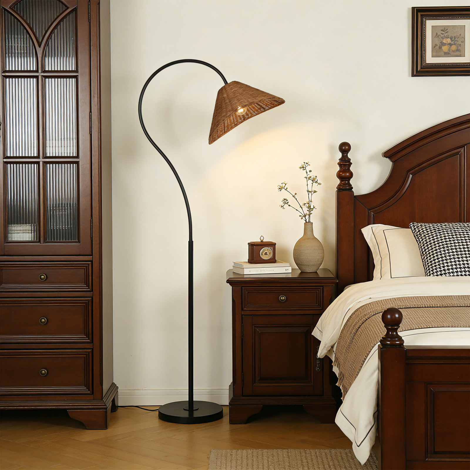 66" Dimmable Rattan Floor Lamp, Black
