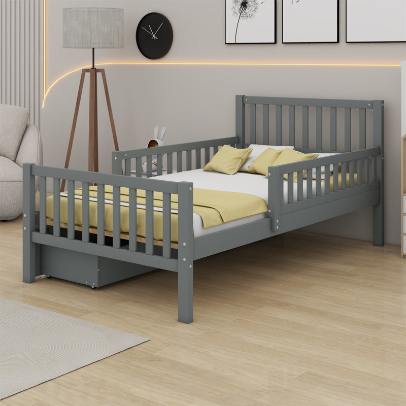 Platform Bed With Guardrails On Both Sides And Two Storage Drawers, Twin, Grey